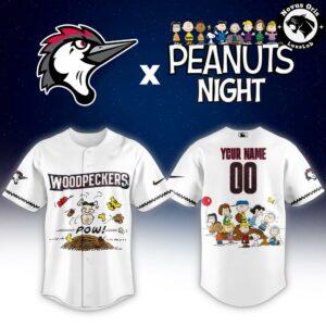 Fayetteville Woodpeckers x Peanuts Night Baseball Jersey Custom White Snoopy Shirt 2