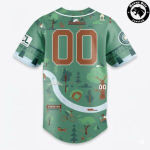 River Valley Tree Huggers Edmonton Baseball Jersey Green Nature Graphic Theme Shirt 3