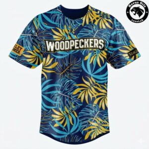 Woodpeckers Tropical Hawaiian Baseball Jersey Blue Yellow Palm Leaf Floral Shirt 2