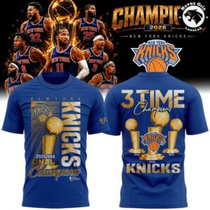 New York Knicks 2026 NBA Champions 3 Time Gold Trophy Shirt 4