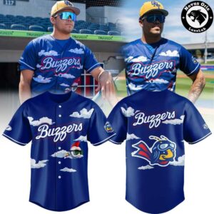 Ontario Tower Buzzers Bee Mascot Sky Cloud Graphic Baseball Jersey 1