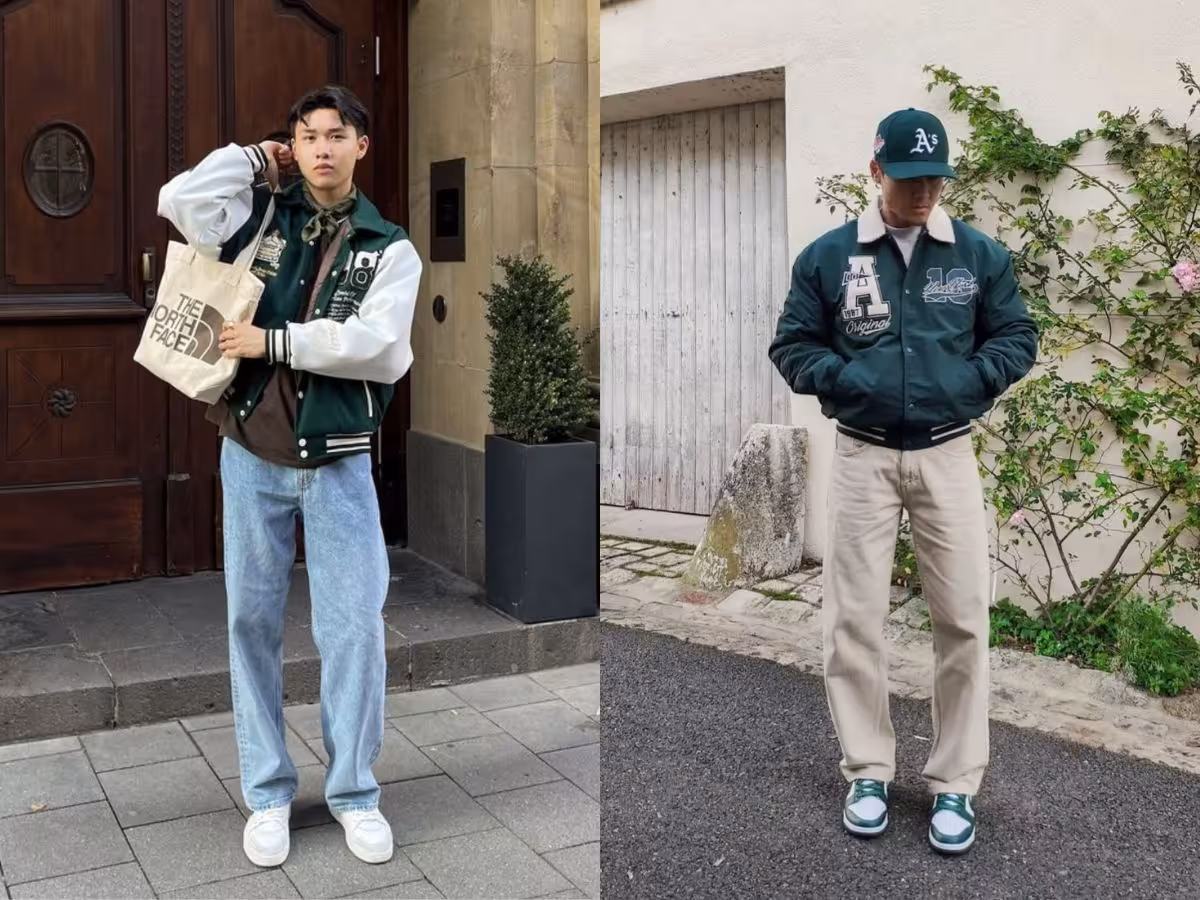 Baseball Cap + Varsity Jacket + Jeans