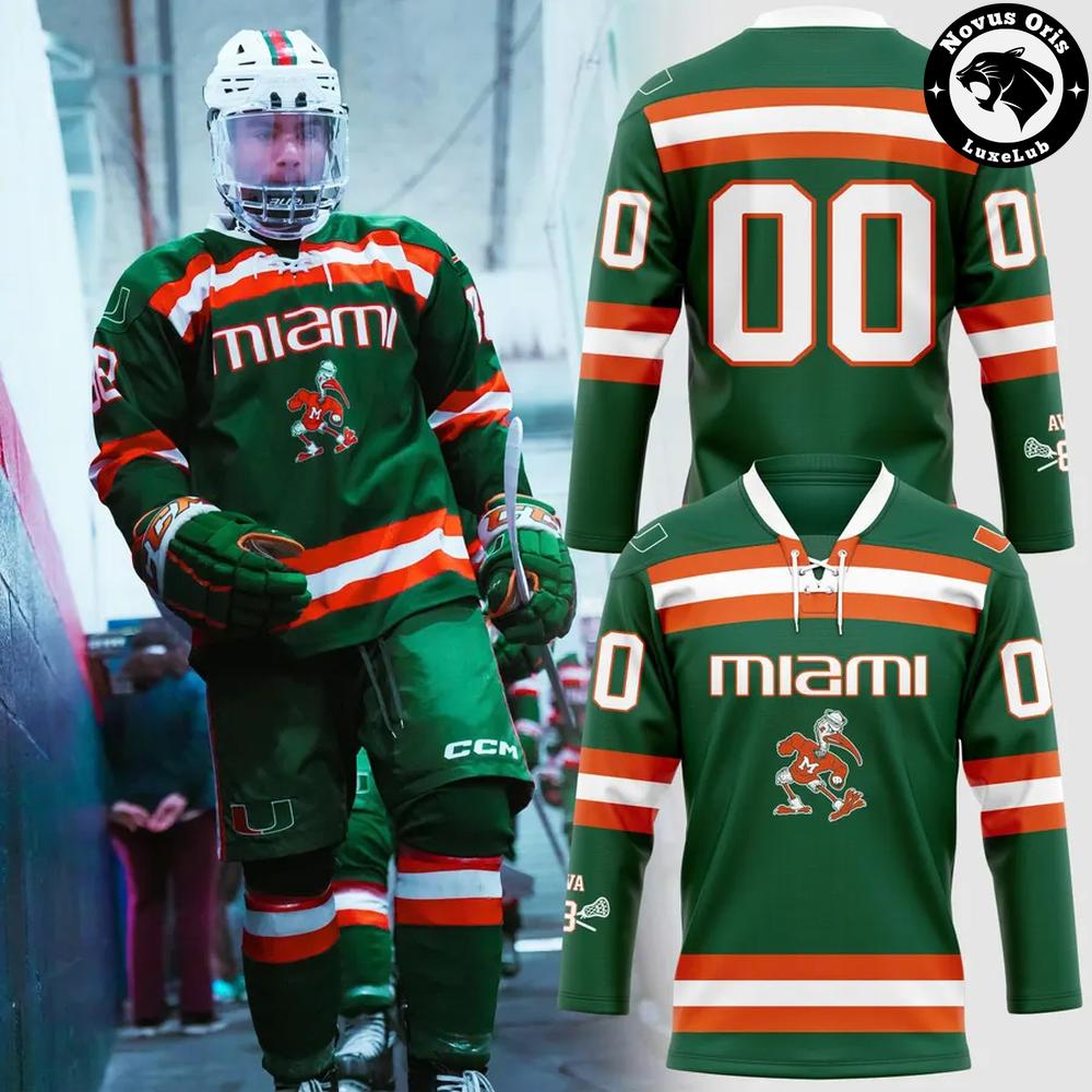 Miami Hurricanes football 2026 Green Custom Hockey Jersey Miami Hurricanes football 2026 Green Custom Hockey Jersey