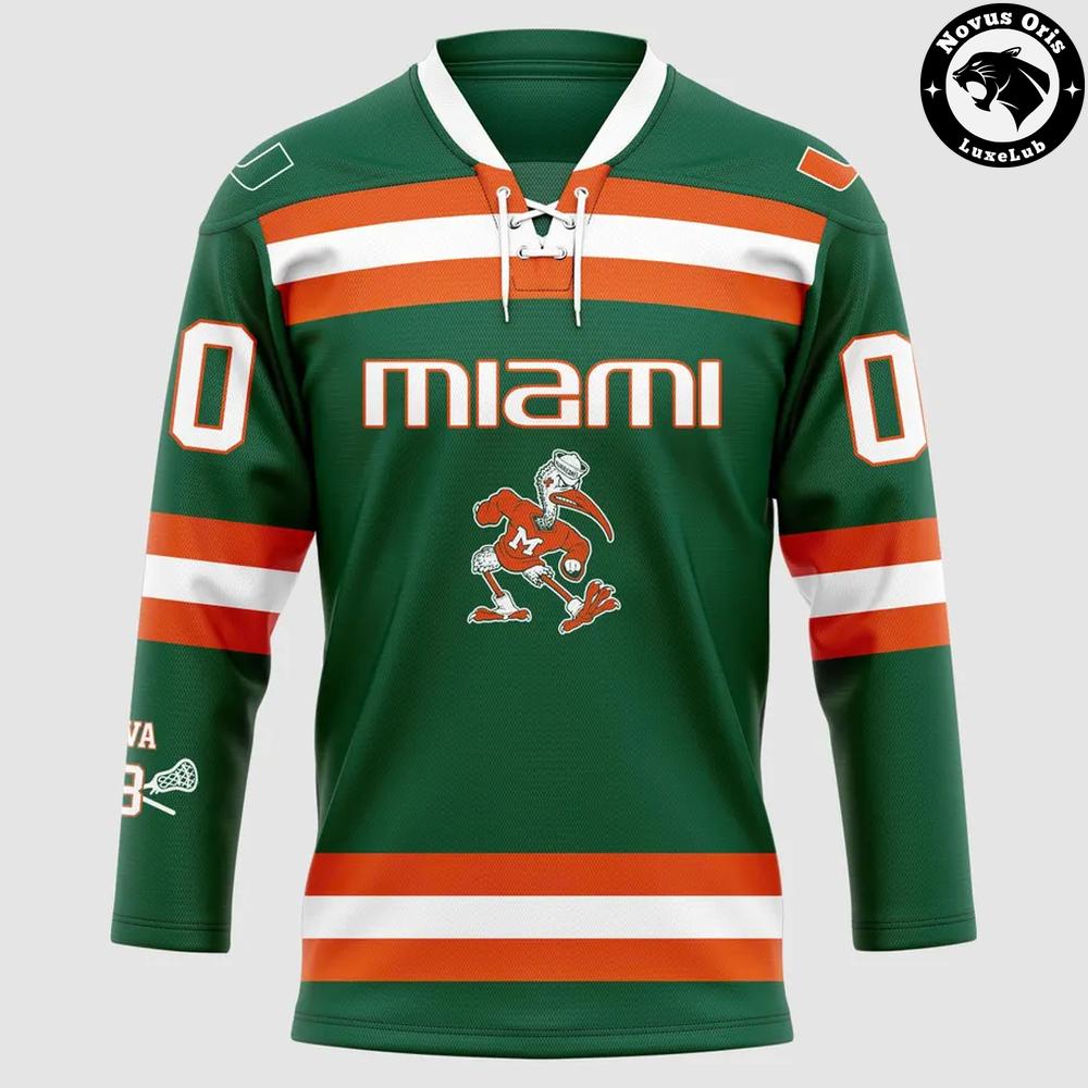 Miami Hurricanes football 2026 Green Custom Hockey Jersey Miami Hurricanes football 2026 Green Custom Hockey Jersey