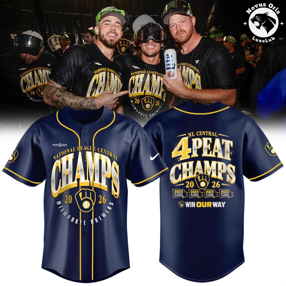 Milwaukee Brewers NL Central Champions 4 Peat 2026 Baseball Jersey Milwaukee Brewers NL Central Champions 4 Peat 2026 Baseball Jersey