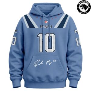 Drake Maye 10 New England Patriots Signature 2026 Light Blue Hoodie 3